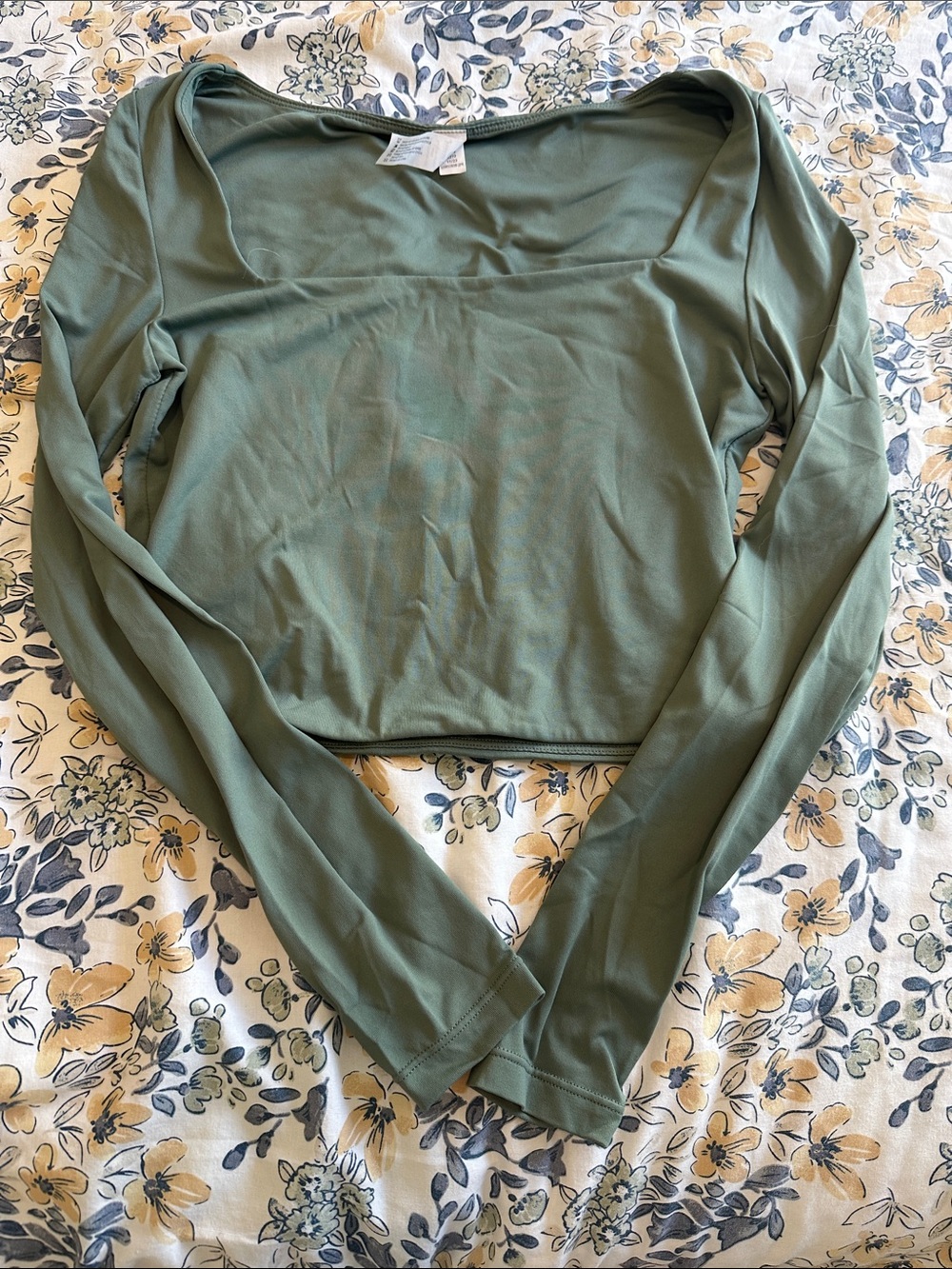 90 Degree By Reflex Olive Cropped Long Sleeve Square Neck Top